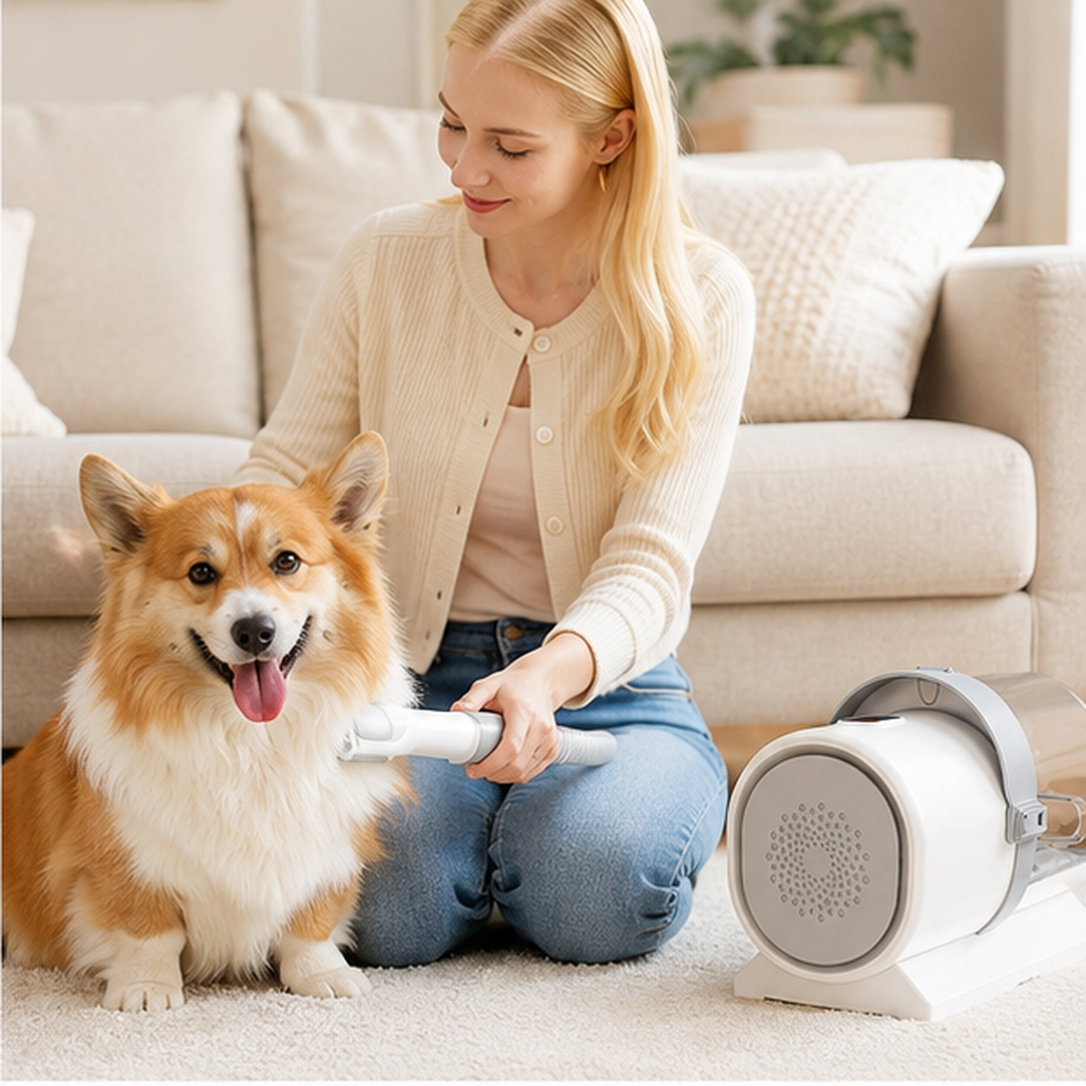 Corgi being groomed at home with the grooming handpiece connected by a hose, and the vacuum base unit on the floor