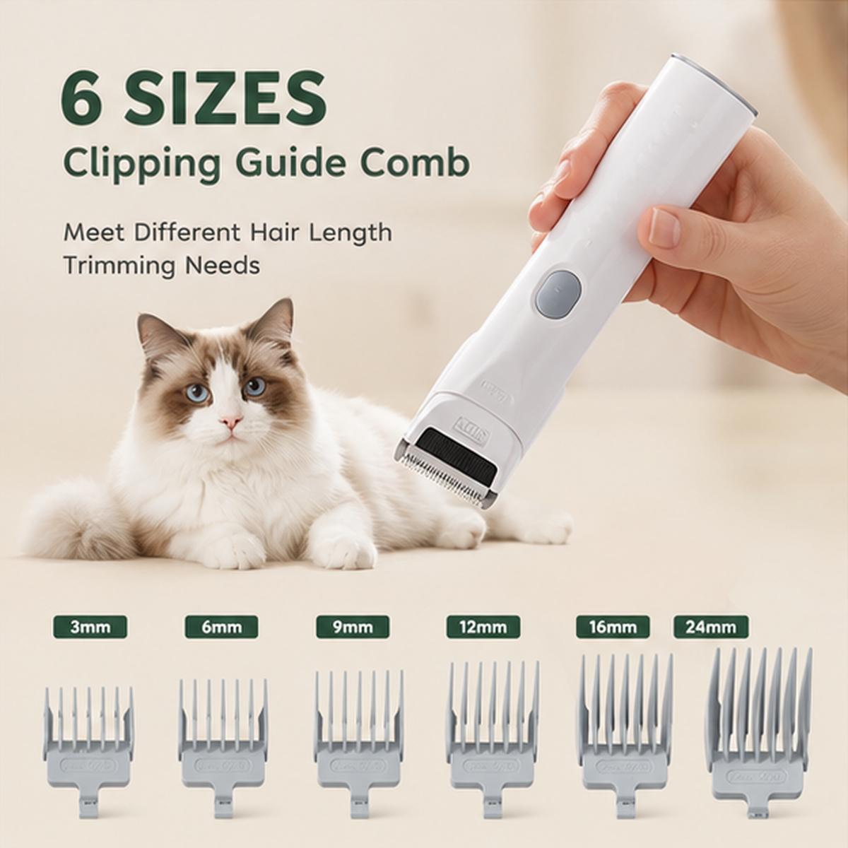 Hair clipper held above a cat with a long coat, with the six clipping guide combs shown in 3, 6, 9, 12, 16 and 24 mm