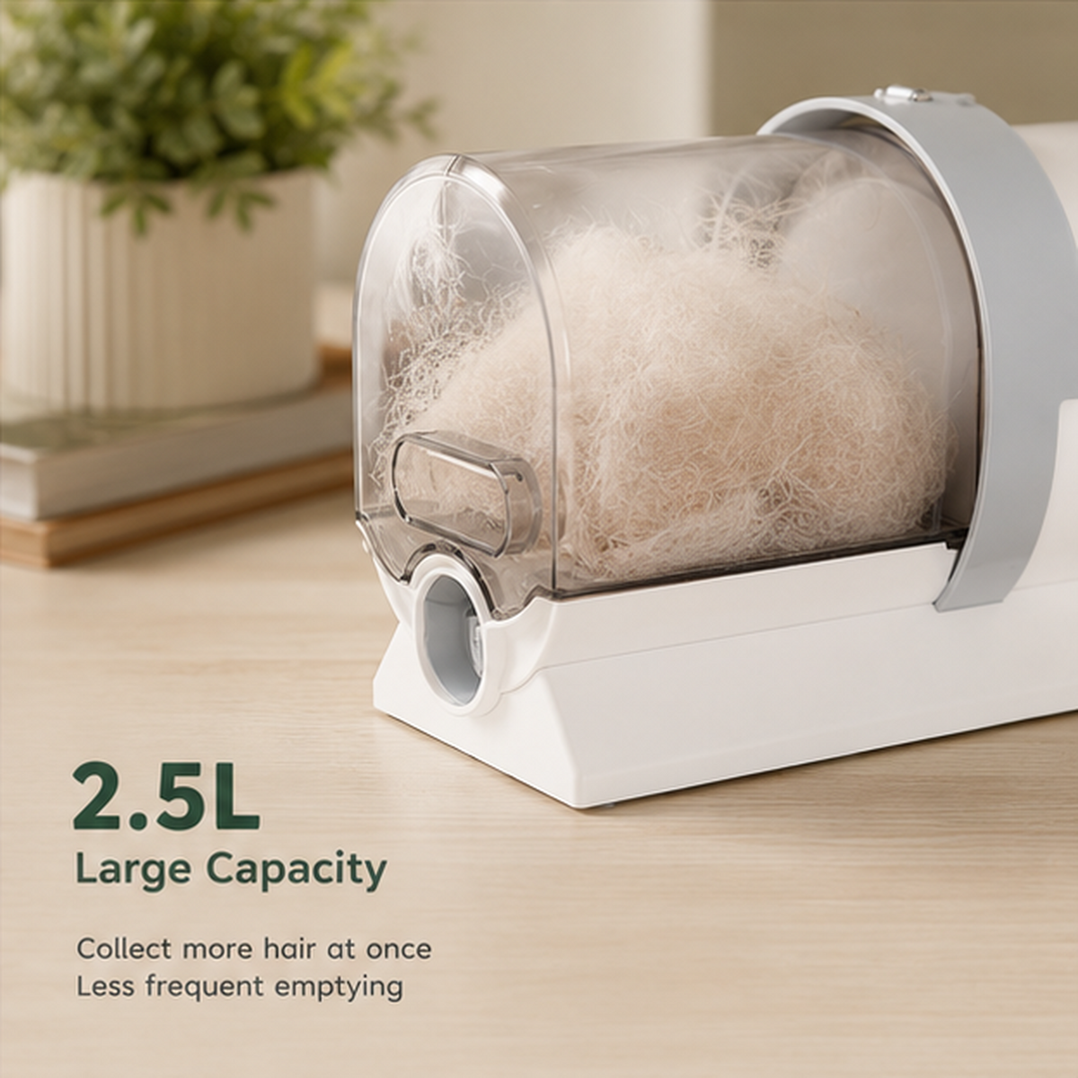 Transparent 2.5 litre dust container filled with collected pet fur, attached to the vacuum base unit