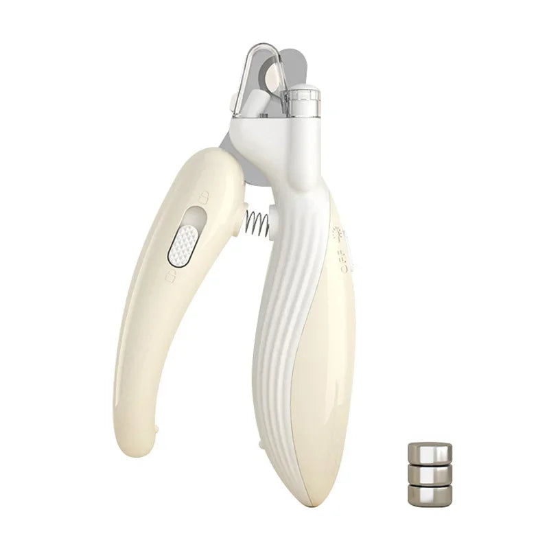 Khaki LED pet nail clipper on a white background with three button-cell batteries
