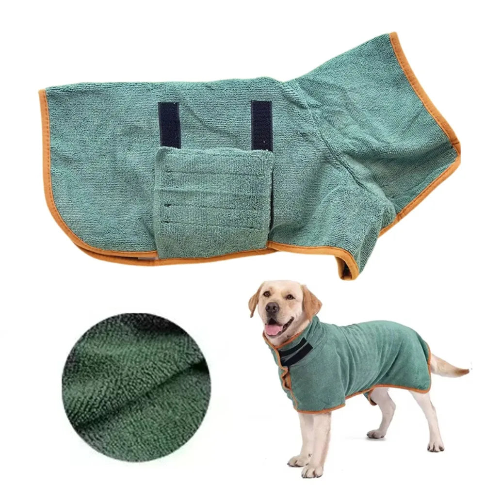 Green quick-dry dog bathrobe laid flat, a close-up of the towel fabric, and a Labrador wearing the robe