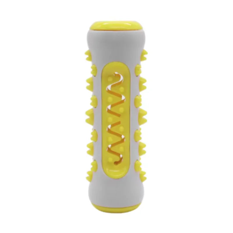 Yellow textured toothbrush chew toy standing upright on a white background