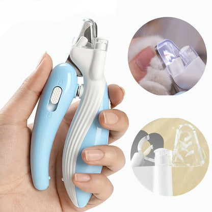Hand holding an LED pet nail clipper with the light on, beside close-ups of the lit nail and the cutting head. The unit shown is a sample in another color.