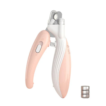 Pink LED pet nail clipper on a white background with three button-cell batteries