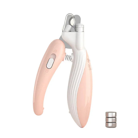 Pink LED pet nail clipper on a white background with three button-cell batteries
