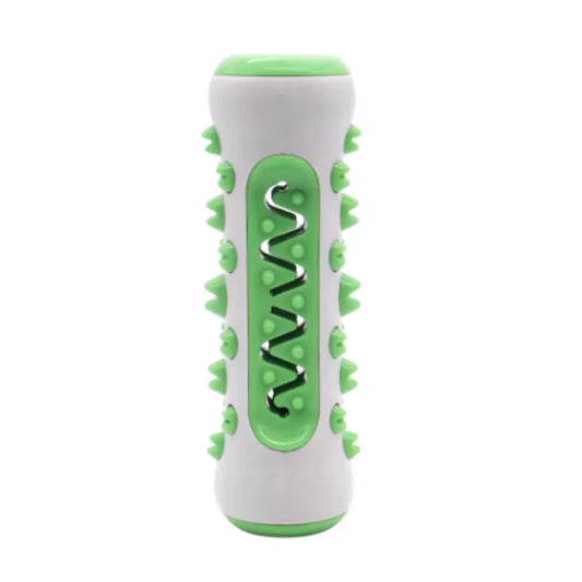 Green textured toothbrush chew toy standing upright on a white background