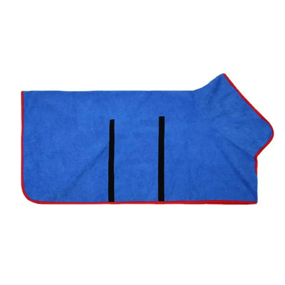 Blue dog bathrobe with red trim laid flat, showing the two hook-and-loop straps