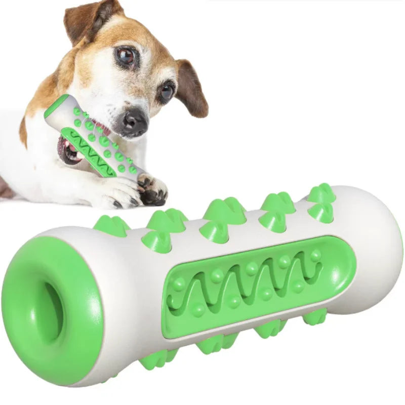 Green and gray textured toothbrush chew toy with a terrier chewing the same toy